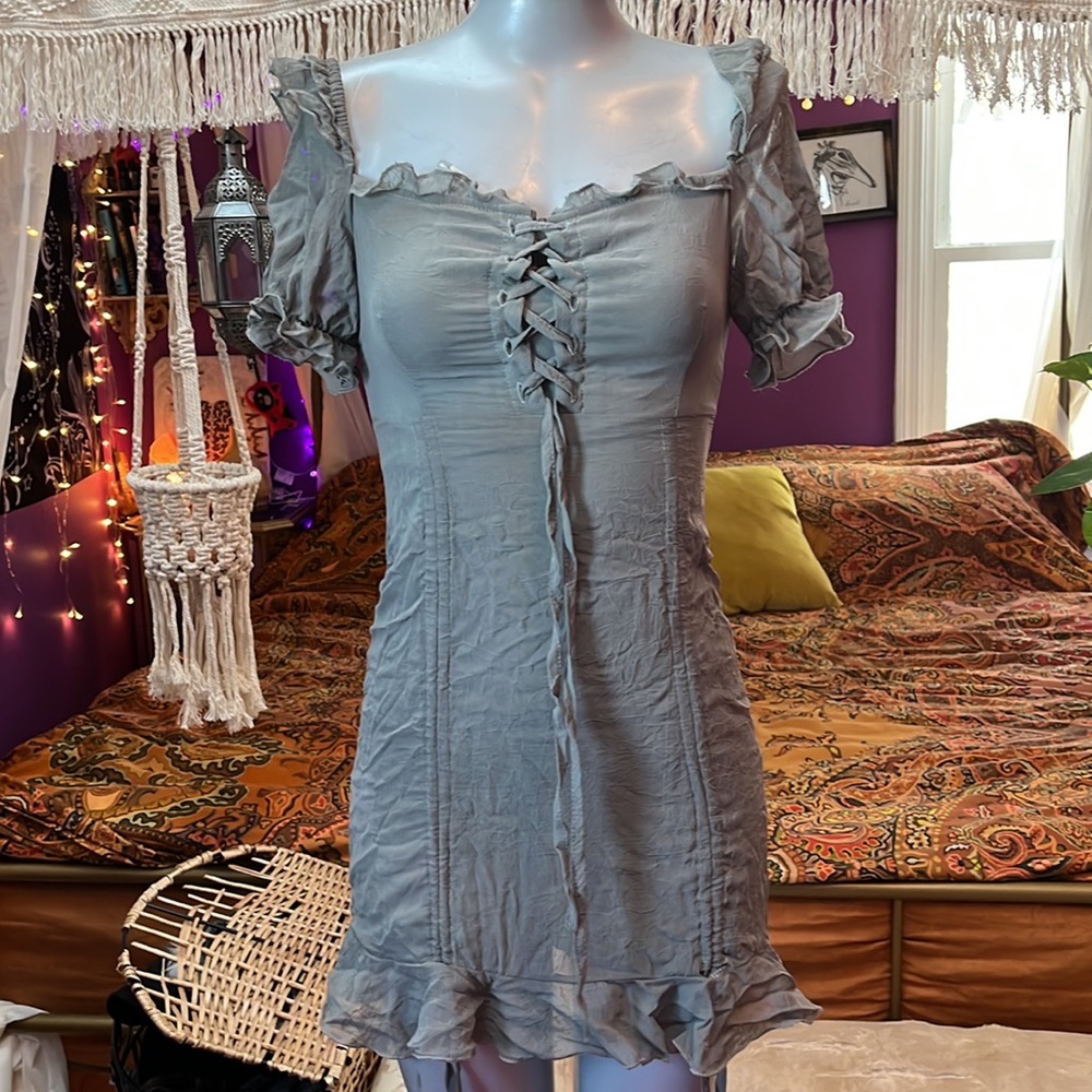 Goth Cinched Ruffle Off the Shoulder Coquette Baby Doll dress Gray